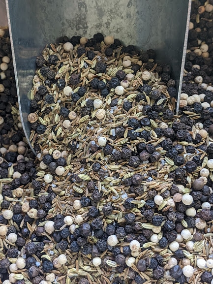 A bucket full of Casco Bay Seasoning ~ Certified Organic.